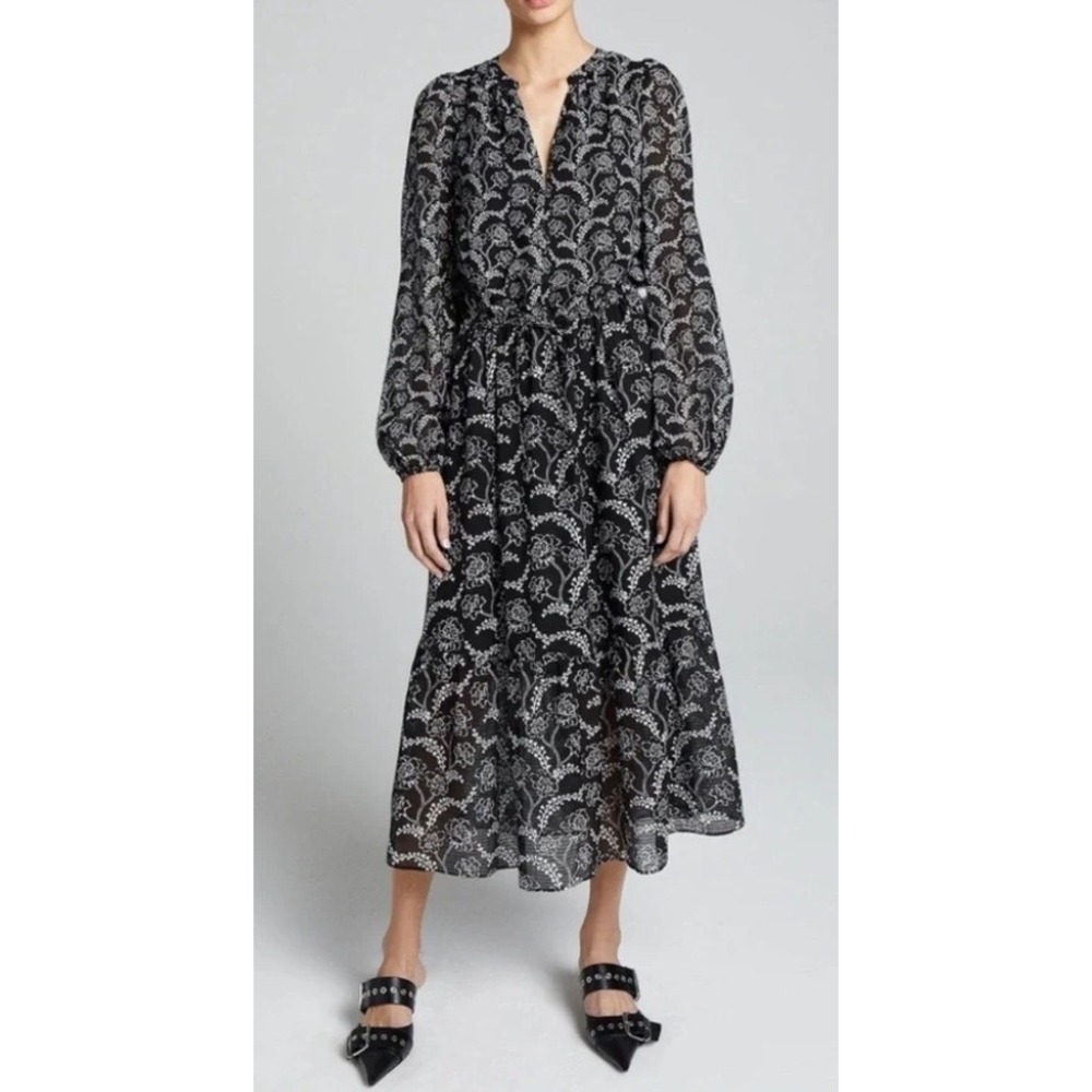 A.L.C. Womens Kate Floral Silk Cotton Midi Dress 4 Black White Tiered Sleeved
